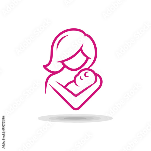 Mother holding her baby with love and tenderness, nurturing care symbol, motherhood concept, simple line art icon illustration