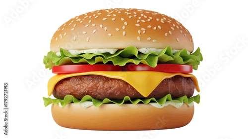 Vector illustration of a delicious cheeseburger with lettuce, tomato, and cheese, on a transparent background