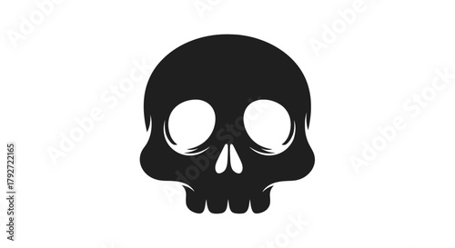 A simple black skull with large white eye sockets and a subtle smile is depicted against a white background.