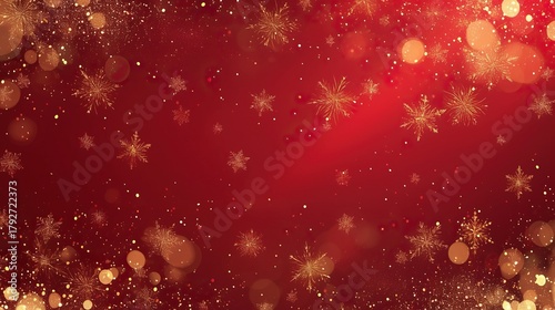 Fototapeta Naklejka Na Ścianę i Meble -  A red background with falling snowflakes, golden lights, and a deep red gradient, creating a Christmas/New Year festive atmosphere, leaving ample space for text or graphics.