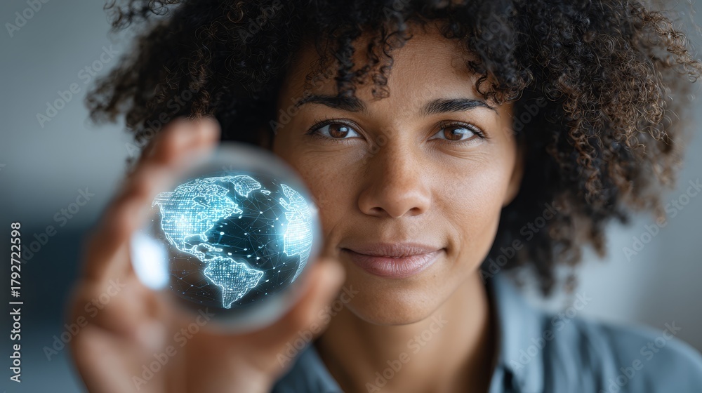 Fototapeta premium Smiling woman and child holding the globe with hands for global environment protection