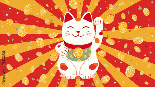 飛び交う小判と放射状の背景に囲まれた招き猫。金運上昇を祝う賑やかなイラスト。 generative ai