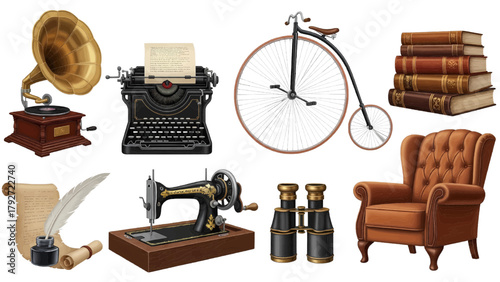 Vector illustration of collection of vintage and antique objects including a typewriter, gramophone, and bicycle on a transparent background