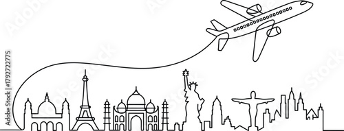 Travel concept one continuous line drawing. Airplane flying over world famous landmarks skyline