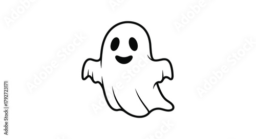 An adorable cartoon ghost with big eyes and a wide smile floats cheerfully in a spooky, supernatural, ethereal, and spectral depiction of a phantom.