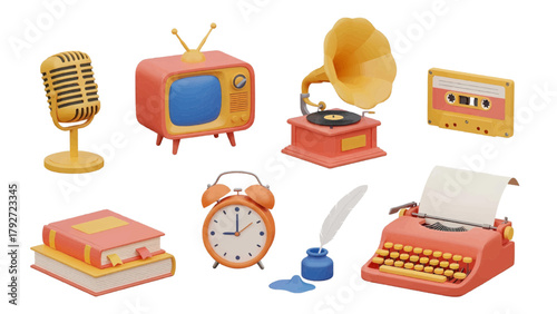 Vector illustration of collection of vintage electronic devices and writing tools on a transparent background