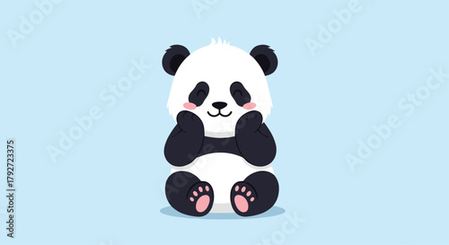 An adorable pixel art baby panda cub sits with its paws on its cheeks looking very shy and cute on a soft blue background.
