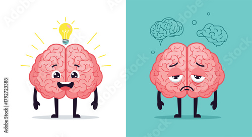 The contrasting emotional states of a cartoon brain showing happiness and sadness with a lightbulb of inspiration and drooping thought bubbles above their heads.