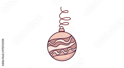 A delicate pixel art illustration of a single champagne colored christmas ornament with swirling pink patterns suspended by a coiled spring.