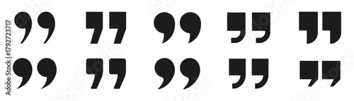 Black quotation marks symbol set in various styles and shapes for citing and referencing text vector illustration