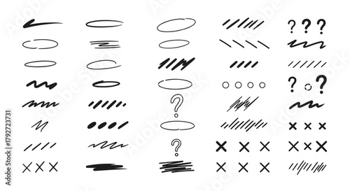 A collection of hand-drawn scribbles including dashes circles and question marks.