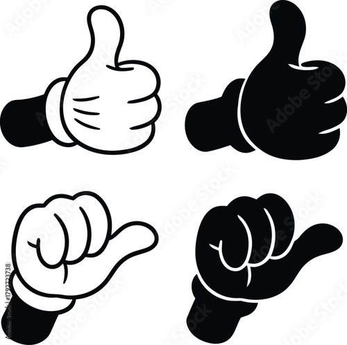 Cartoon hands giving thumbs up and shaka sign