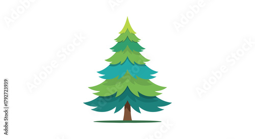 A colorful evergreen pine tree stands tall against a white background.