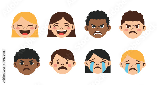 Collection of diverse cartoon faces expressing various emotions and feelings through pixel art.