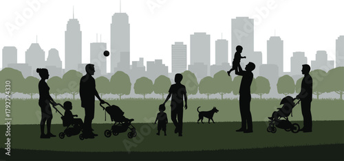 Urban park silhouette, family activities, stroller walk, children play, city skyline, outdoor life, black vector, community, graphic, lifestyle