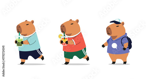 Three cute capybaras enjoying refreshing drinks and going on an adventure.