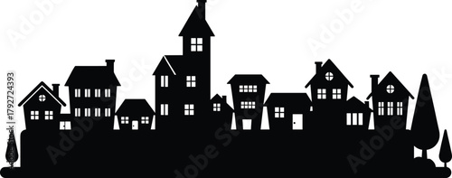 Village silhouette illustration, residential houses, trees, rooftops, chimneys, black vector, peaceful neighborhood, rural scene, architecture, graphic design
