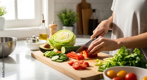 Woman preparing fresh vegetables on a wooden cutting board in kitchen.