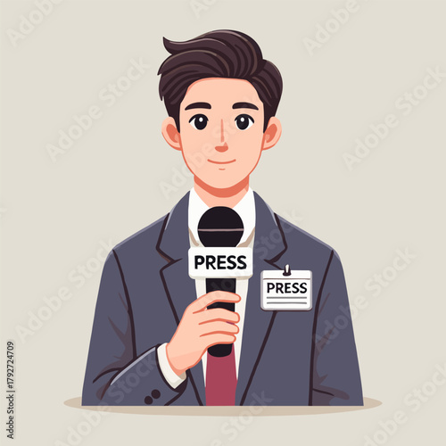 Flat Illustration of Reporter Holding Microphone Wearing Suit and Badge