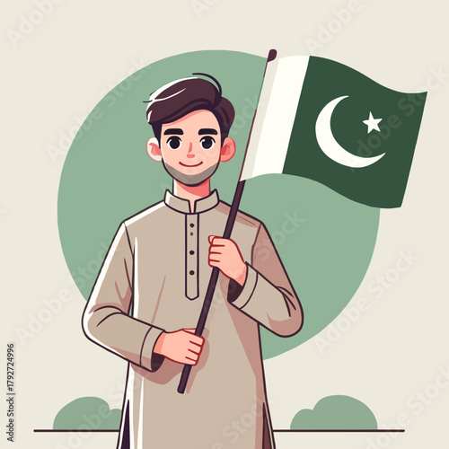 Flat Illustration of Smiling Man Holding Pakistan Flag in Celebratory Scene