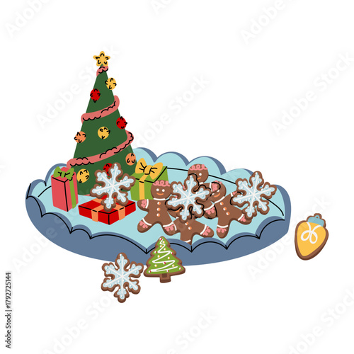 sweet tray with ceramic Christmas tree, gift boxes underneath. Gingerbread men, Christmas tree, lantern, snowflakes are placed on tray. for holiday baking, cooking blogs, winter holiday decorations