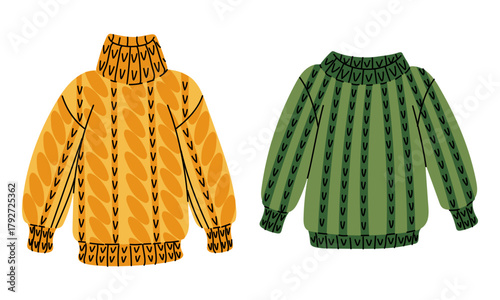 cozy pair of chunky cable knit sweaters, one orange-yellow turtleneck and one green, with textured stitch patterns. perfect for winter fashion, seasonal apparel designs, and cozy home decor concepts