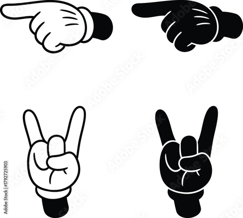 Cartoon hand gestures pointing and rock on symbols in black and white
