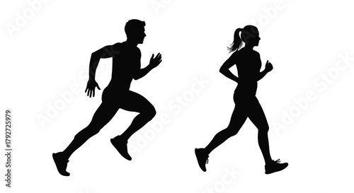 Silhouette of a man and woman running depicting motion and activity