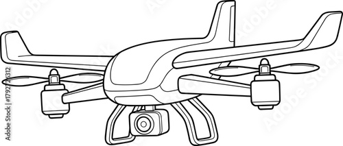 Quadcopter drone line drawing, aerial camera drone, surveillance UAV, four rotor drone, technical sketch, flying robot, vector illustration