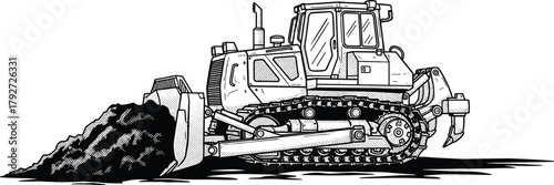 Bulldozer, construction equipment, heavy machinery, dirt pushing, industrial vehicle, excavation, earthmoving, tracked loader, engineering, site work, rugged terrain, hydraulic arms, 