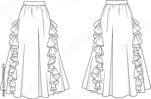 Long skirt technical sketch, fashion flat, ruffle detail, high waist silhouette, garment construction, cad drawing flat vector illustration