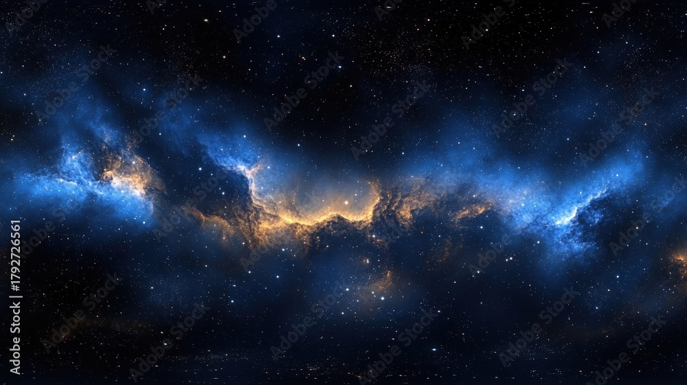 Obraz premium A stunning cosmic scene showcasing a vibrant nebula with deep blue and golden hues against a backdrop of countless stars.