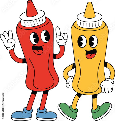 Cartoon ketchup and mustard characters, condiment bottle illustration, smiling food mascots, playful design, kids theme, anthropomorphic packaging, fun vector art