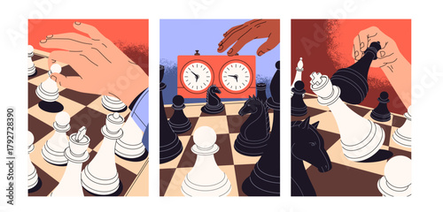Chess game cards set. People play with pieces on chessboard. Hands holding white and black figures at boardgame. Chessmen on board: king, bishop, knight, rook, pawn. Flat vector illustrations.