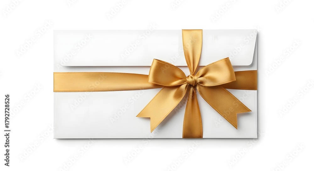 Fototapeta premium White gift envelope with elegant golden satin ribbon and bow, perfect for special occasion greetings and celebration.