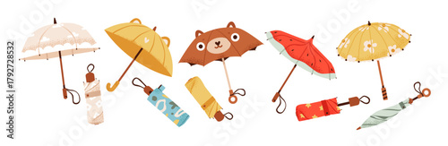 Cute Decorative Umbrella Collection in Flat Style. Various colorful and playful umbrella designs, including animal faces, fruit patterns, and floral motifs.