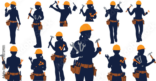 Set of female construction workers holding tools, women engineers, builders with helmet, mechanic women illustration, teamwork, industrial occupation, female empowerment in construction industry