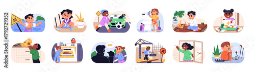 Set of kids dangers. Children safety at home and outdoors. Hazard accidents, risks for babies. Boys and girls talk with stranger, play with fire, chemicals. Flat isolated vector illustrations on white