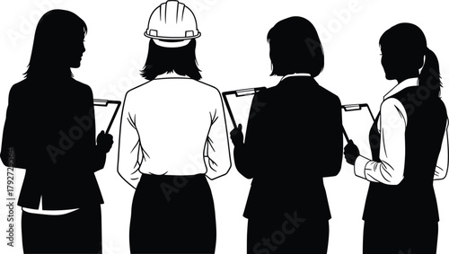 Group of businesswomen and female engineer standing together, teamwork concept, women leadership, diversity in workplace, collaboration and 