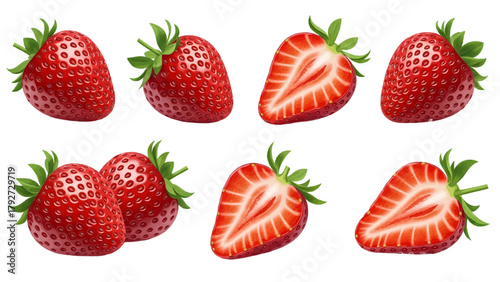Vector illustration of fresh strawberries and sliced strawberries on a transparent background