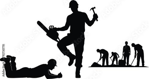Silhouette of construction workers using tools and chainsaw, teamwork concept, labor industry, hard work, builders on site, safety, strength, teamwork, construction process, industry.