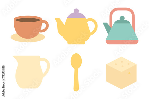 Cute flat style tea set with cup, teapot, kettle, creamer, spoon, and sugar cube