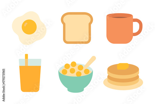 Simple breakfast icons: eggs, toast, coffee, juice, cereal, pancakes