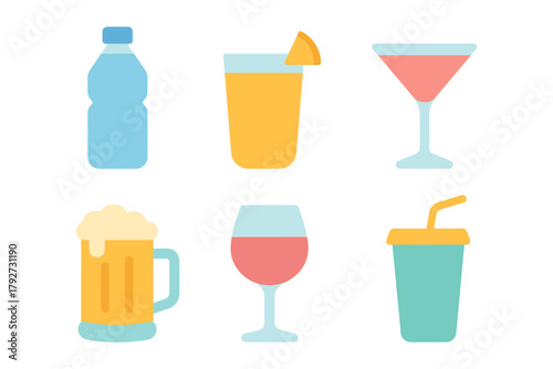 Flat style beverage icons set with water, juice, and alcoholic drinks