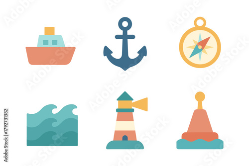 Nautical icons collection featuring boat, anchor, compass, waves, lighthouse, and buoy in flat design