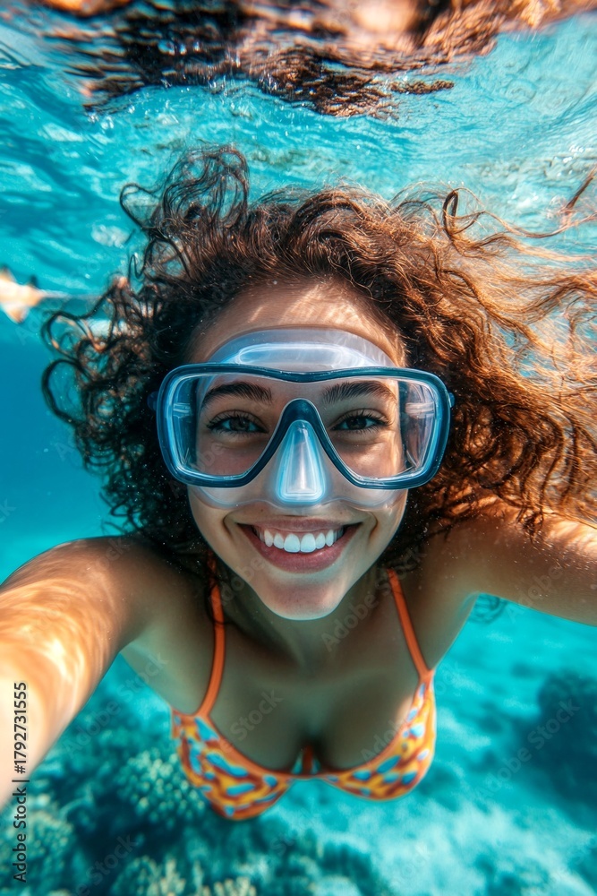 Fototapeta premium A pretty and sexy happy asian young woman with long hair with a happy face snorkeling among the corals. A dense school of silver fish swims next to her. Bright commercial style image.