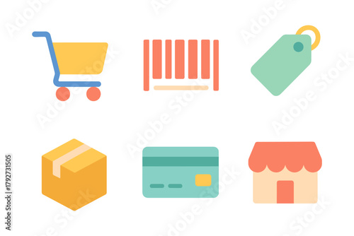 Colorful icons of shopping cart, barcode, price tag, box, credit card, store