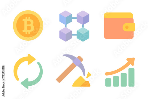 Flat cryptocurrency and blockchain icons: bitcoin, wallet, blockchain, mining, growth