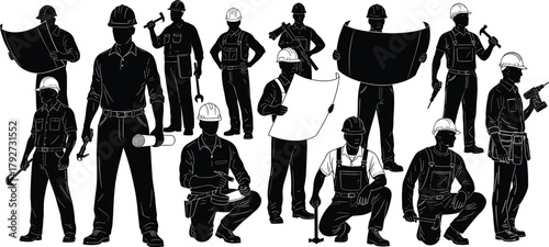 Silhouette of construction workers with tools and blueprints, safety helmets and gear, teamwork in action, black and white illustration, industrial labor, site coordination