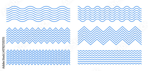 Abstract blue geometric simple line wave pattern set. Element for decoration and design. Template, banner, background. Imitation of water. Wavy texture. Beautiful line curves. Vector illustration.